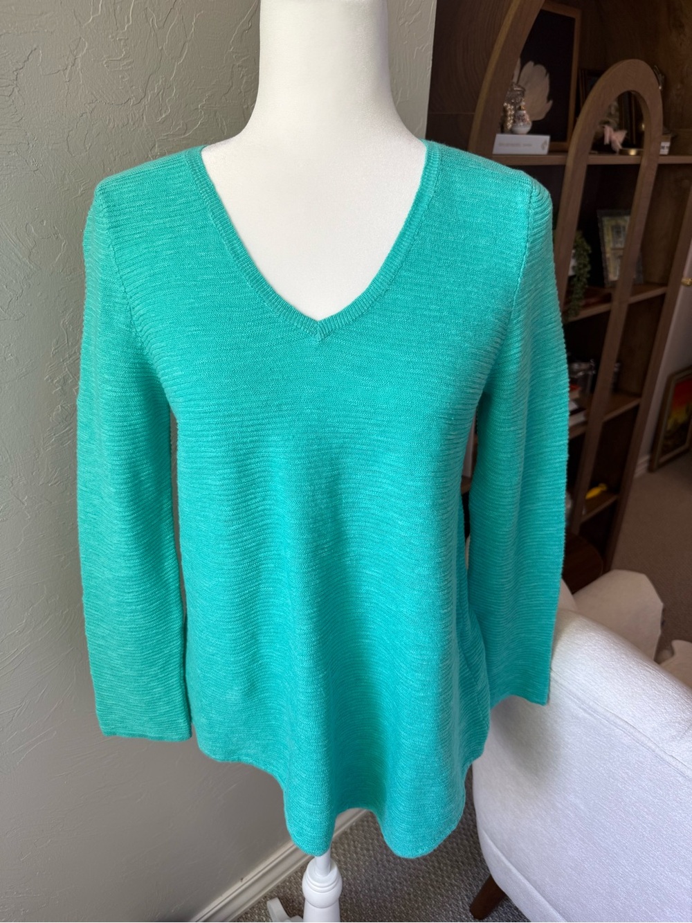 Eileen Fisher Petite S Linen Cotton Turquoise Asymmetrical V Neck Sweater